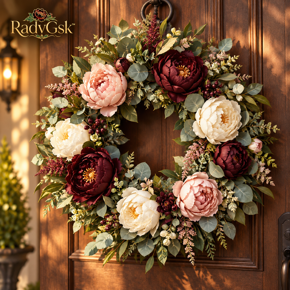 RadvGsk™ Burgundy Peony & Eucalyptus Door Wreath