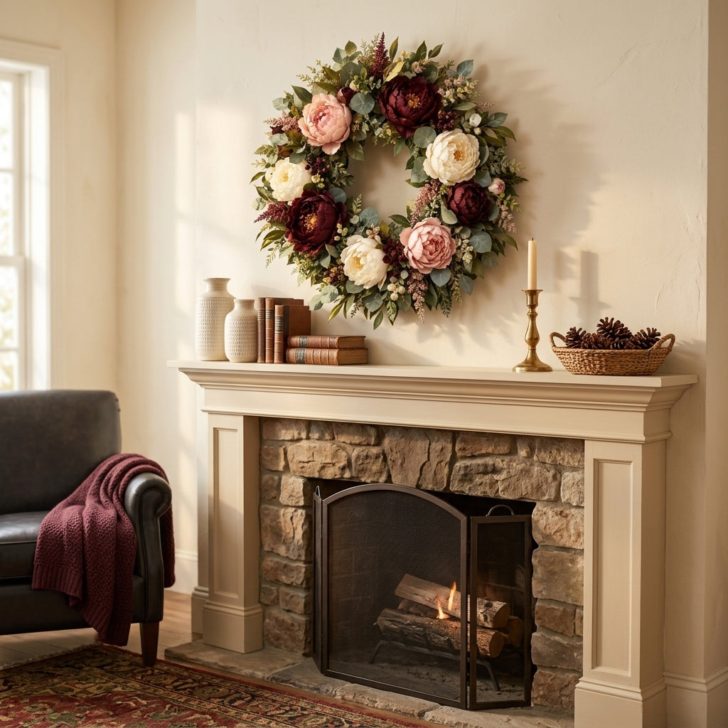 RadvGsk™ Burgundy Peony & Eucalyptus Door Wreath