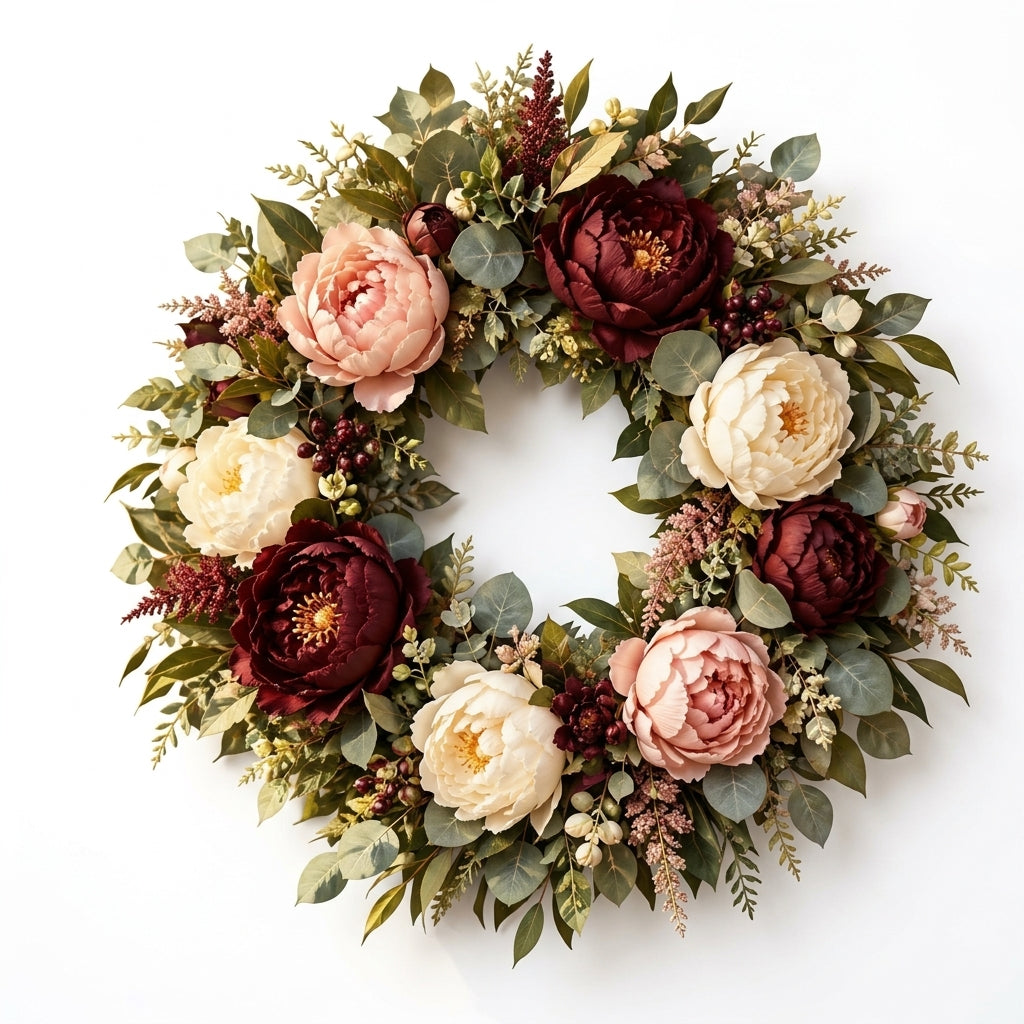 RadvGsk™ Burgundy Peony & Eucalyptus Door Wreath