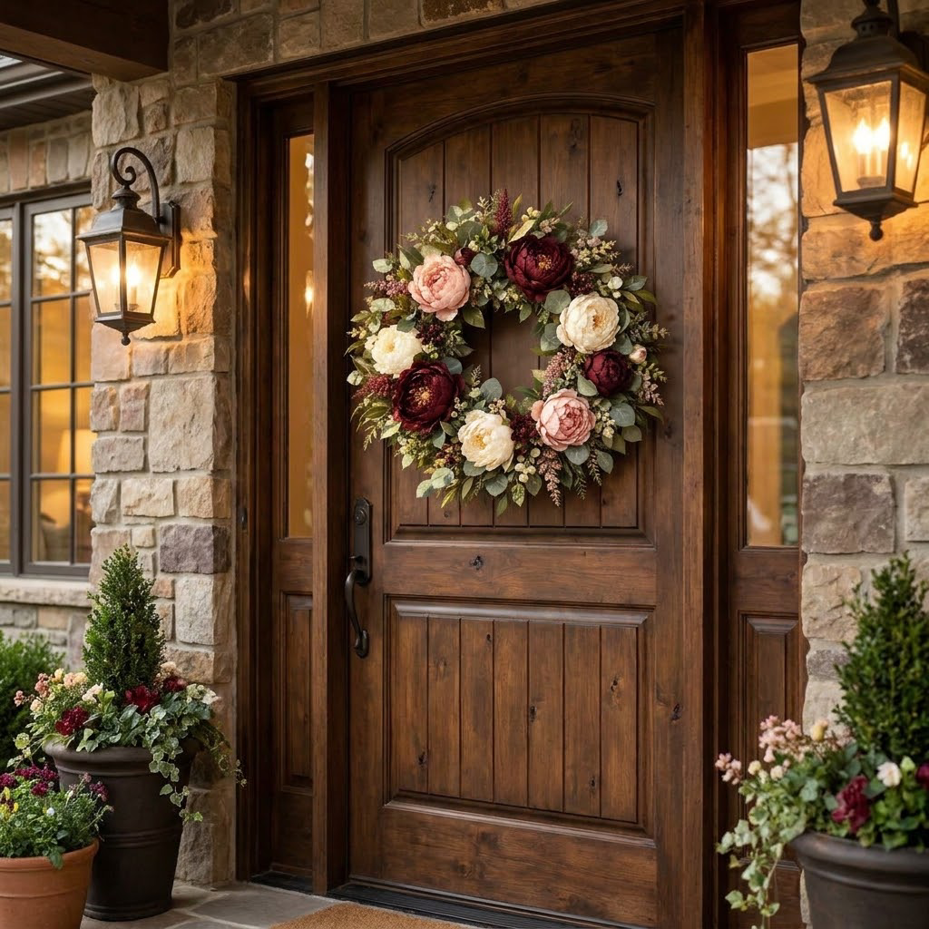 RadvGsk™ Burgundy Peony & Eucalyptus Door Wreath