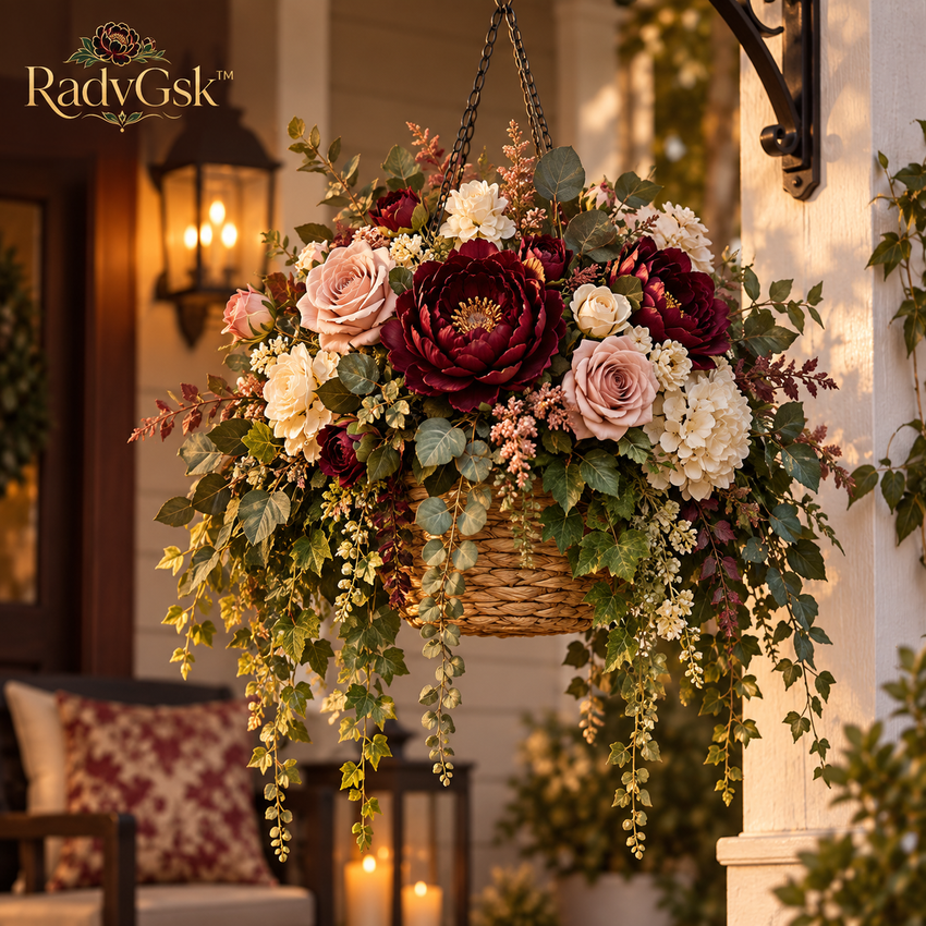 RadvGsk™ Burgundy Peony Hanging Flower Basket