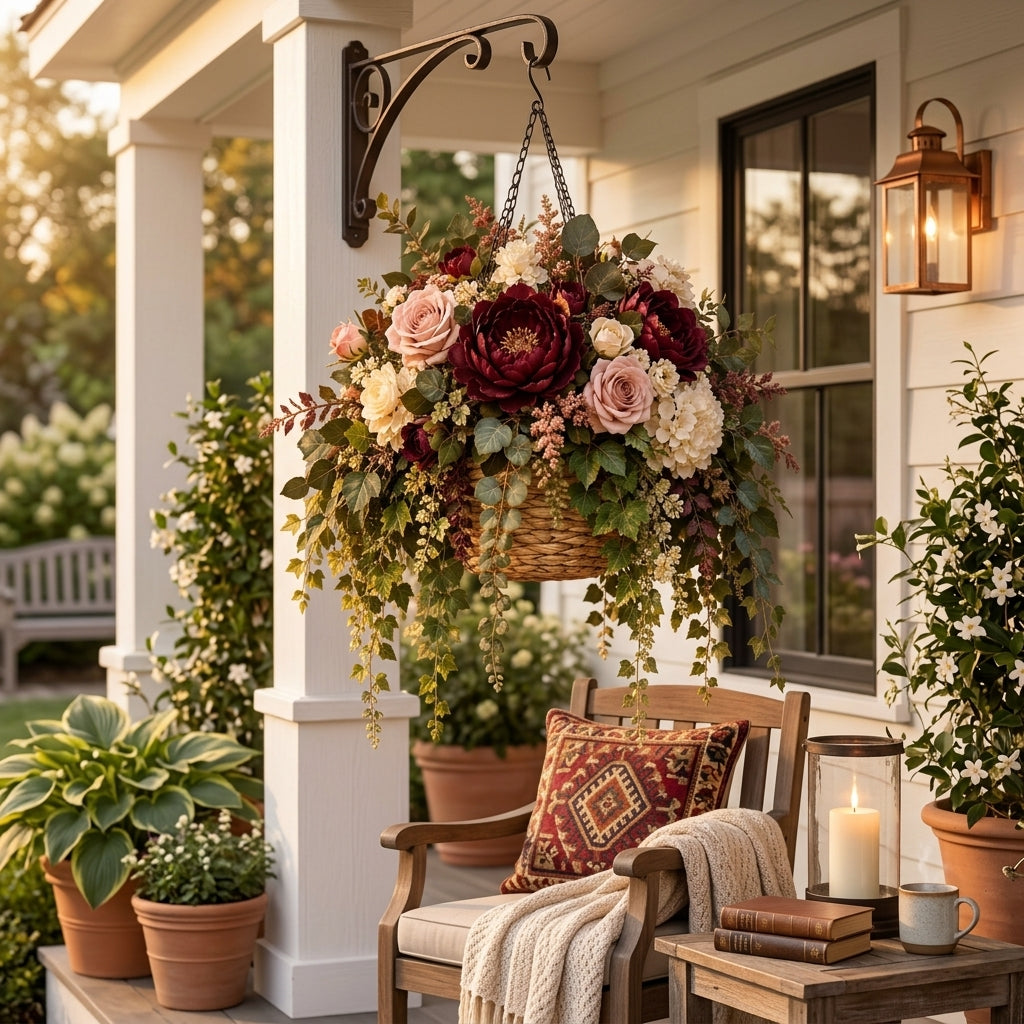 RadvGsk™ Burgundy Peony Hanging Flower Basket
