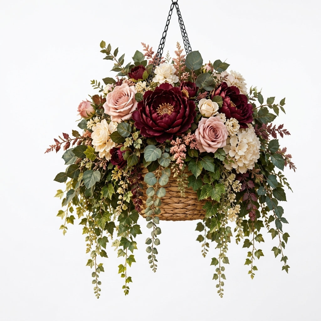 RadvGsk™ Burgundy Peony Hanging Flower Basket