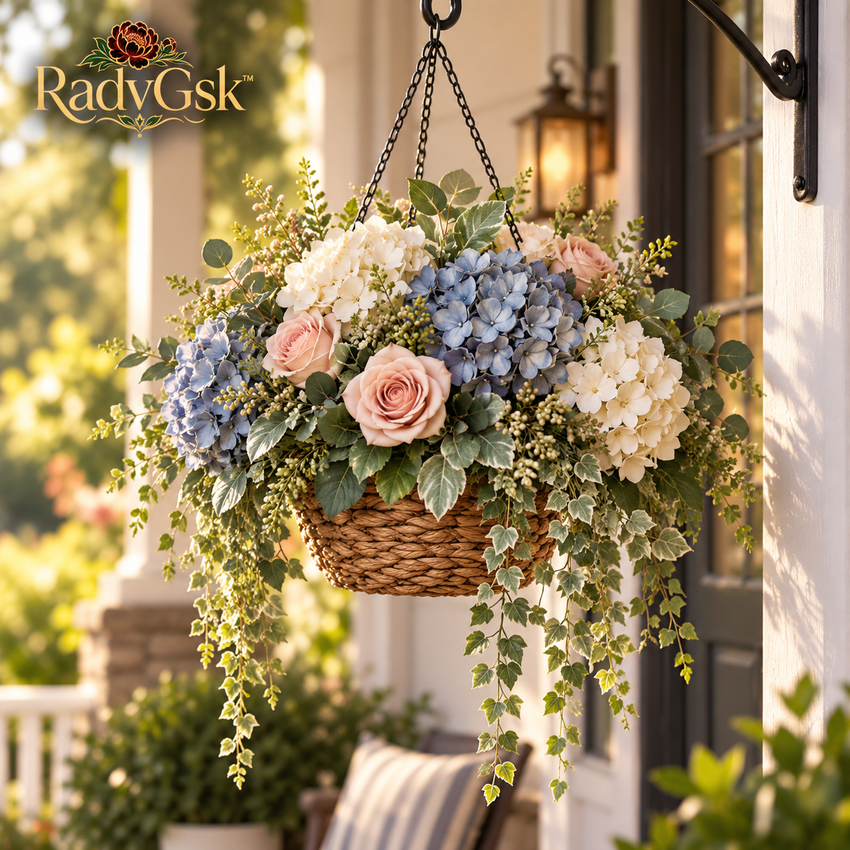RadvGsk™ Blue Hydrangea & Blush Rose Hanging Basket