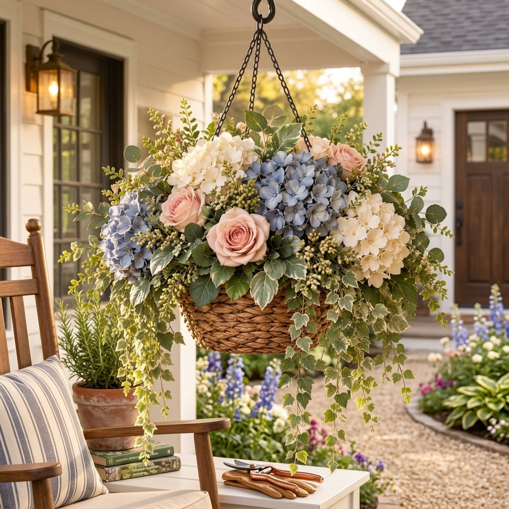 RadvGsk™ Blue Hydrangea & Blush Rose Hanging Basket