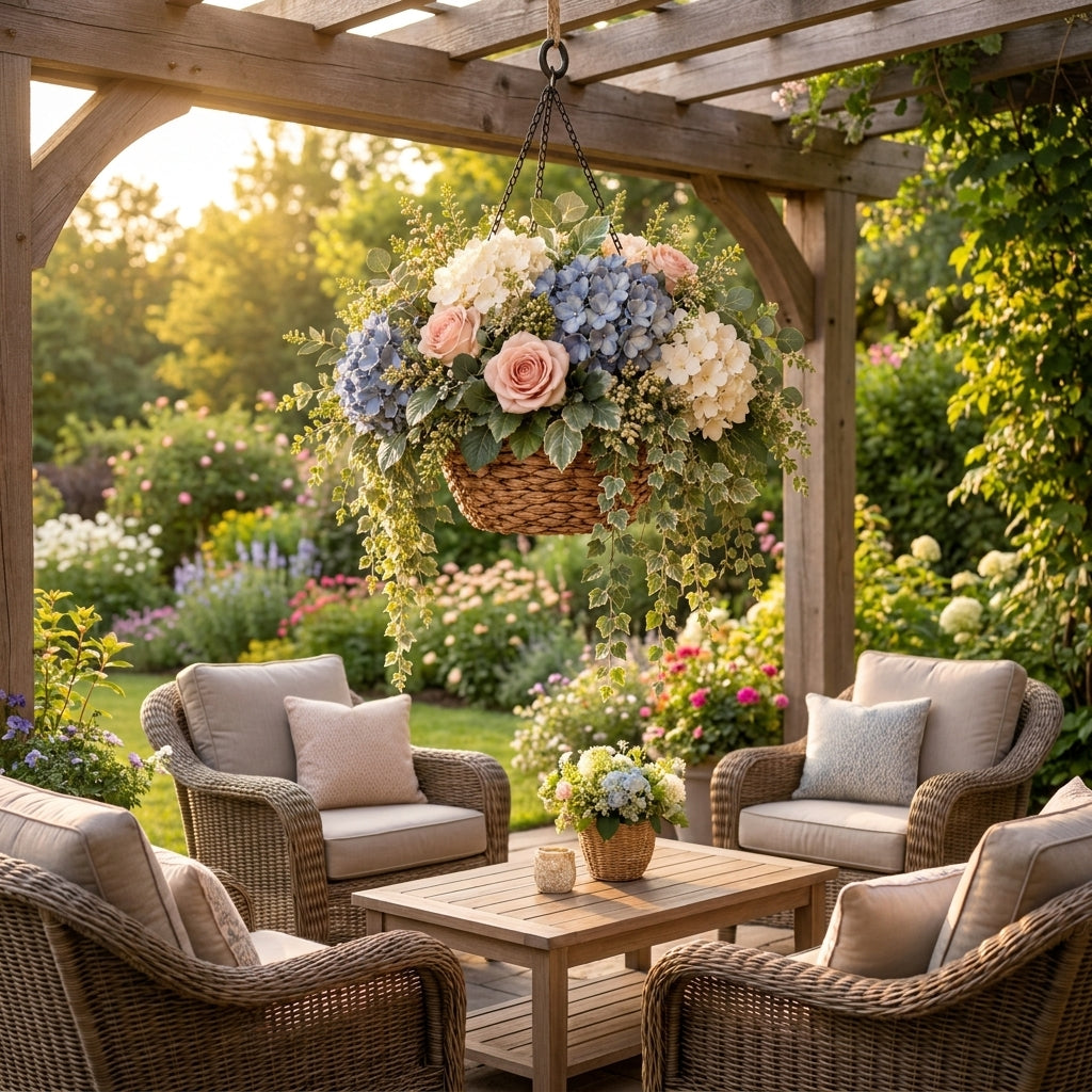 RadvGsk™ Blue Hydrangea & Blush Rose Hanging Basket