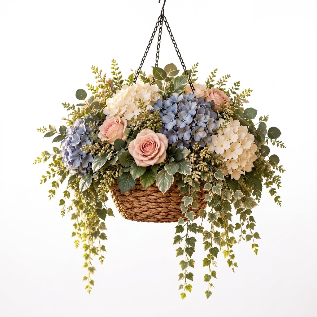 RadvGsk™ Blue Hydrangea & Blush Rose Hanging Basket