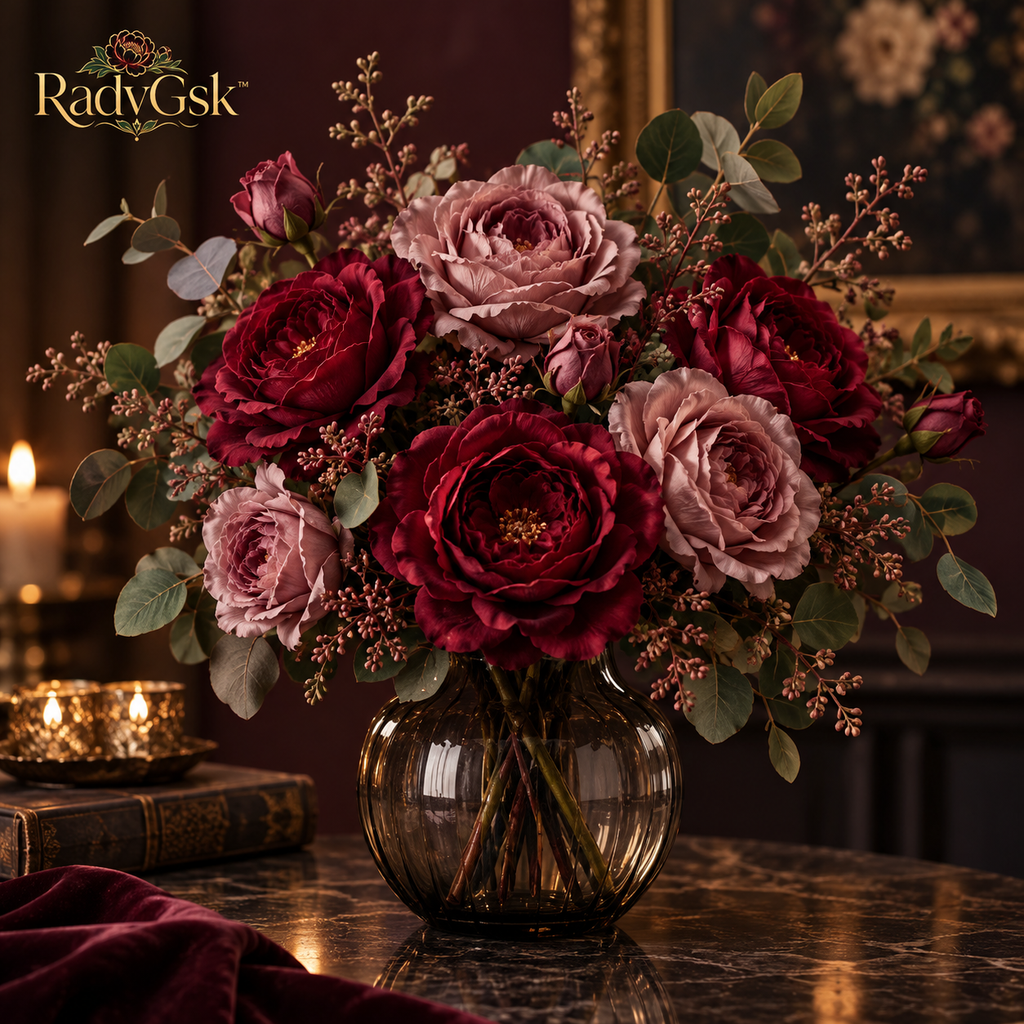 RadvGsk™ Crimson Rose Glass Vase Arrangement
