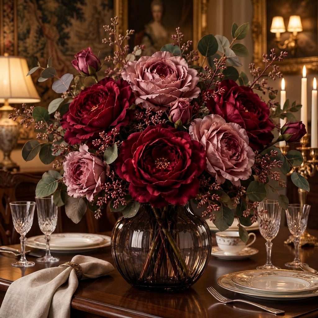 RadvGsk™ Crimson Rose Glass Vase Arrangement