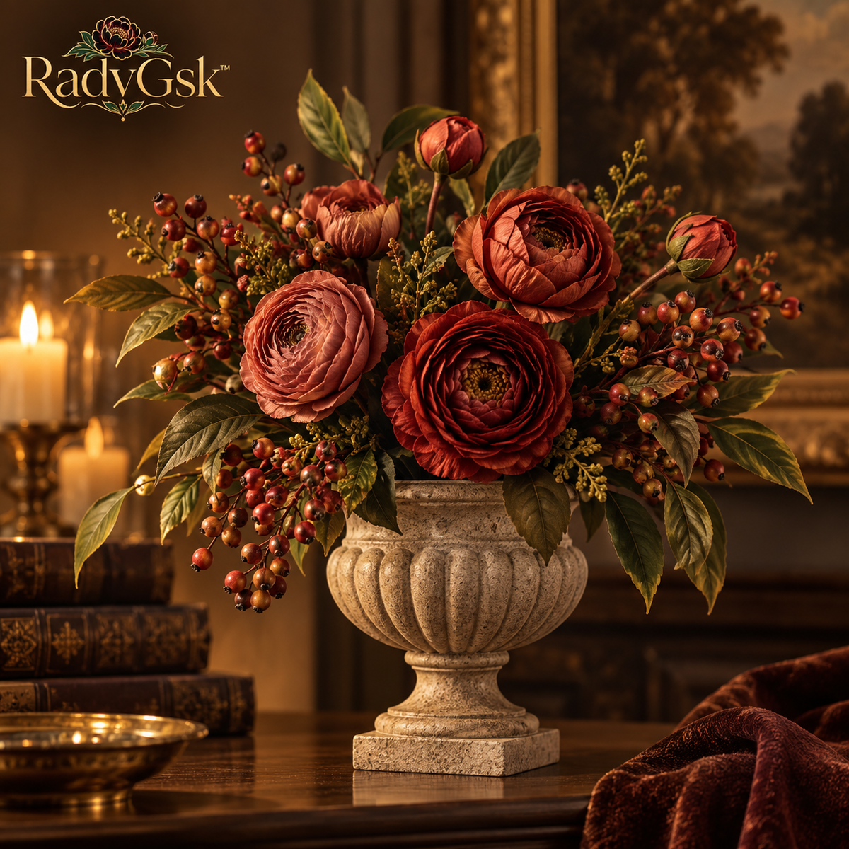 RadvGsk™ Rust Ranunculus Stone Urn Arrangement