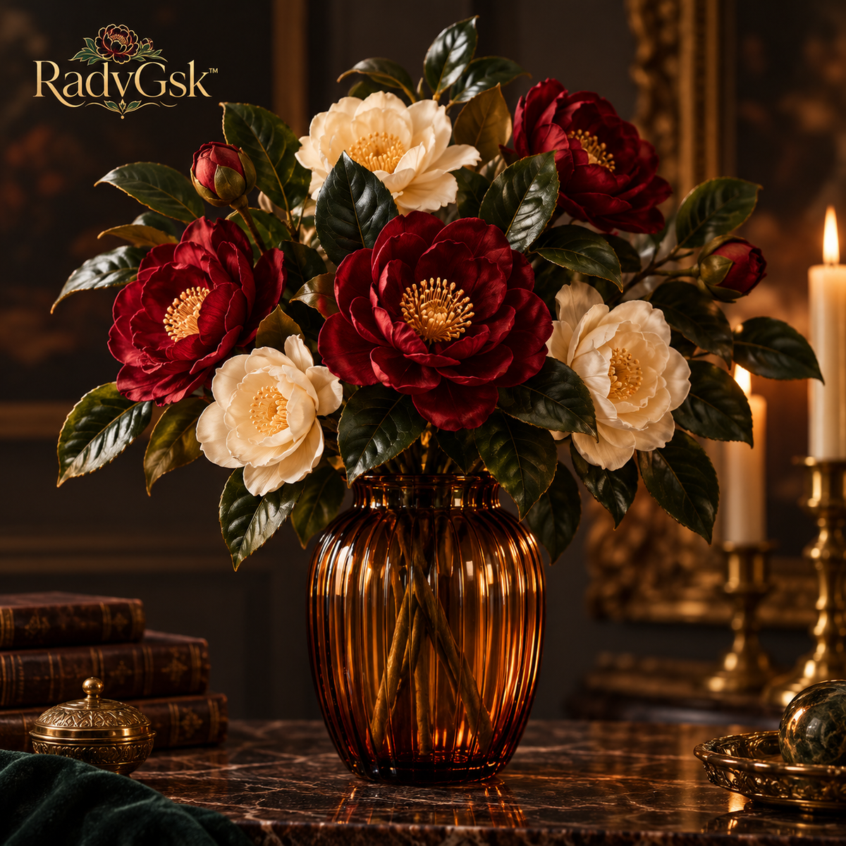 RadvGsk™ Ruby Camellia Amber Vase Arrangement