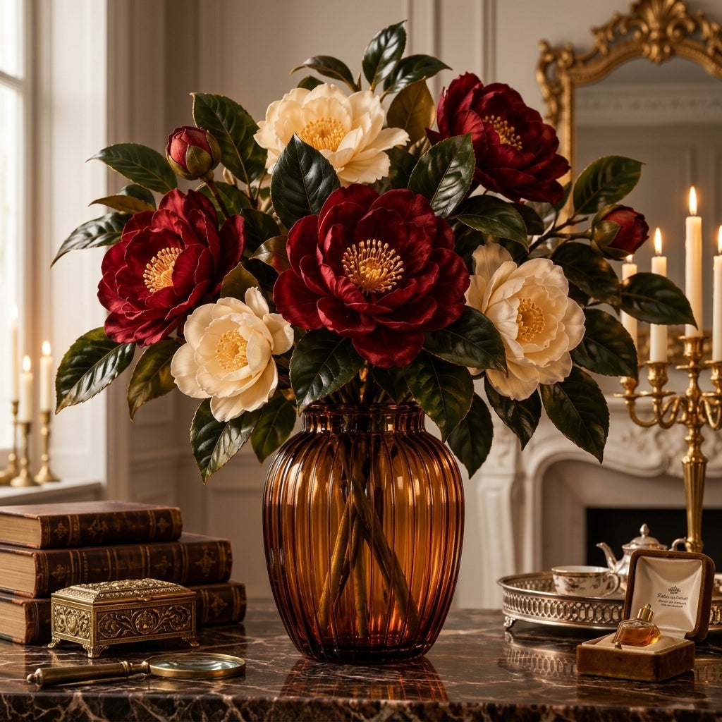 RadvGsk™ Ruby Camellia Amber Vase Arrangement