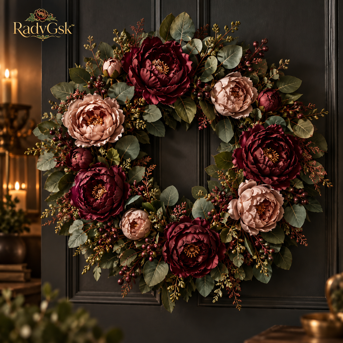 RadvGsk™ Burgundy Peony Eucalyptus Wreath