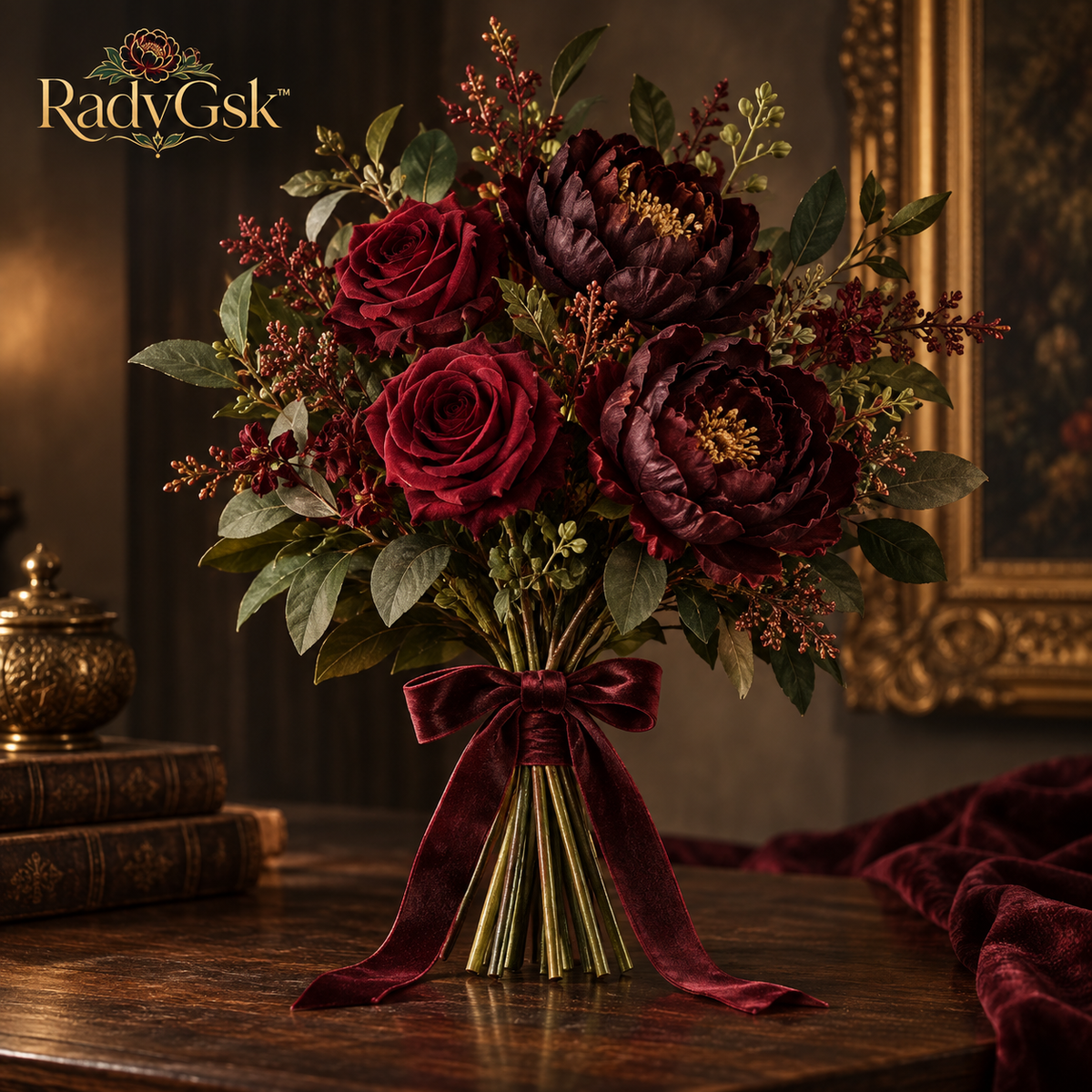 RadvGsk™ Velvet-Tied Burgundy Floral Bundle