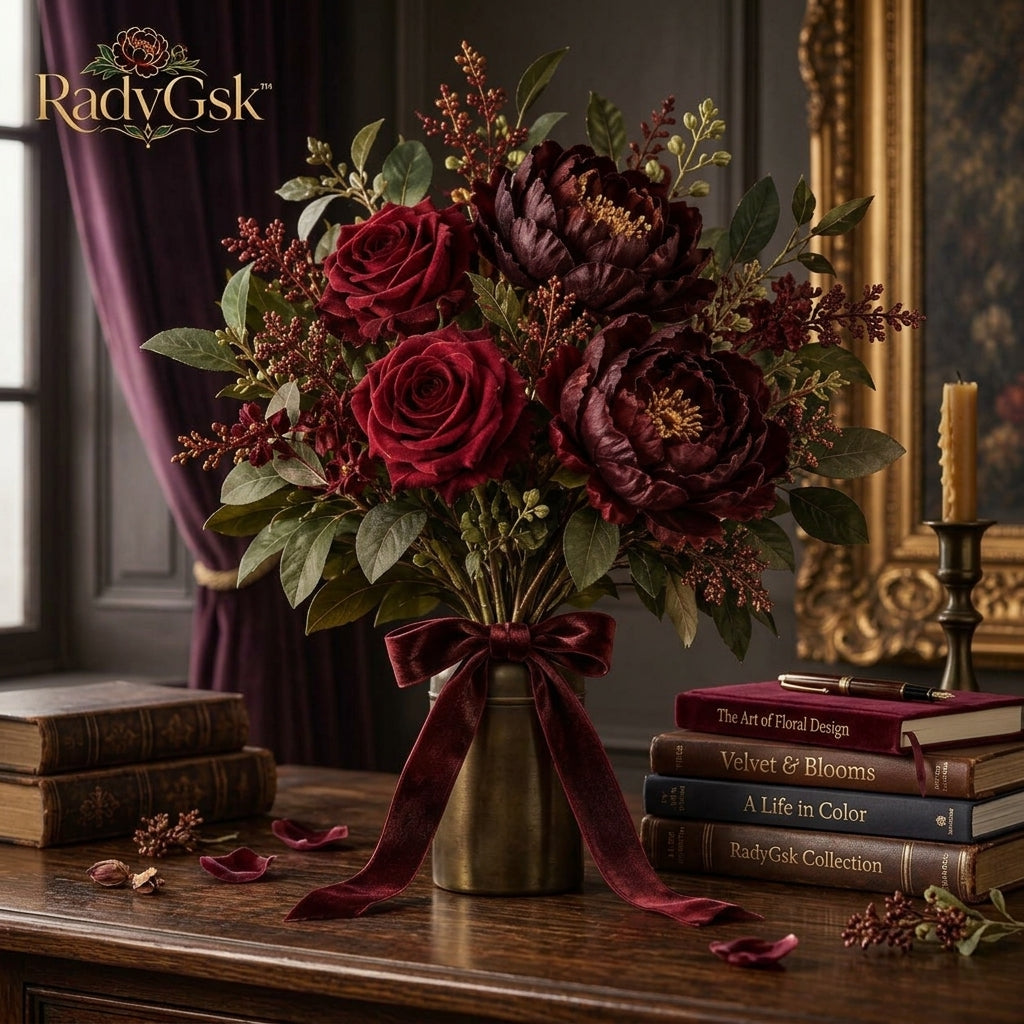 RadvGsk™ Velvet-Tied Burgundy Floral Bundle